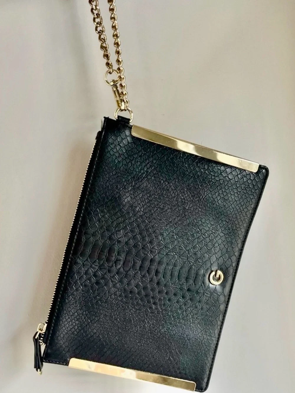 GUESS Black Faux Snakeskin Clutch Gold Chain Evening Bag